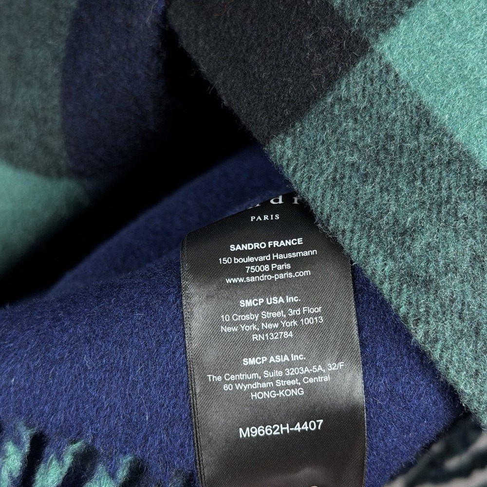 Sandro‎ Paris Tartan Green Blue Fringe Women's Wool Coat - Sz M (approx) - Picture 6 of 7